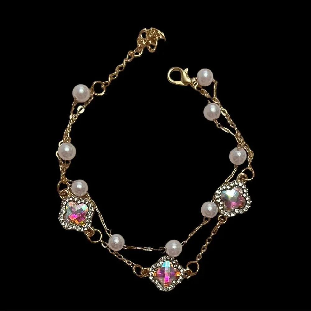 Elegant Iridescent Stone Clover Pearl Double Strand Gold Tone Bracelet